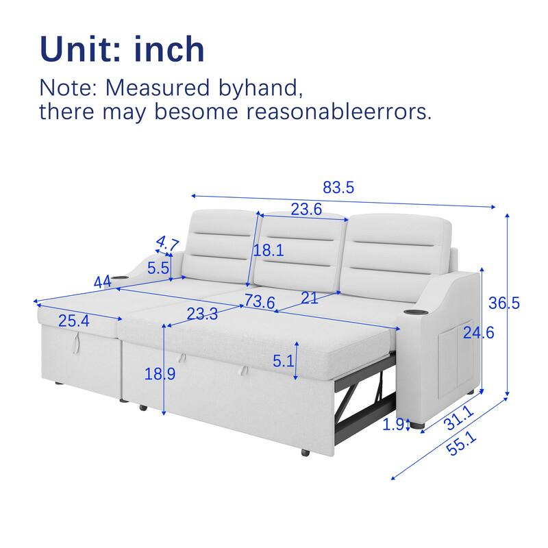 83.5" Convertible Sleeper Sofa - Polyester Sectional Sofa Bed with Pullout Bed and Cup Holder