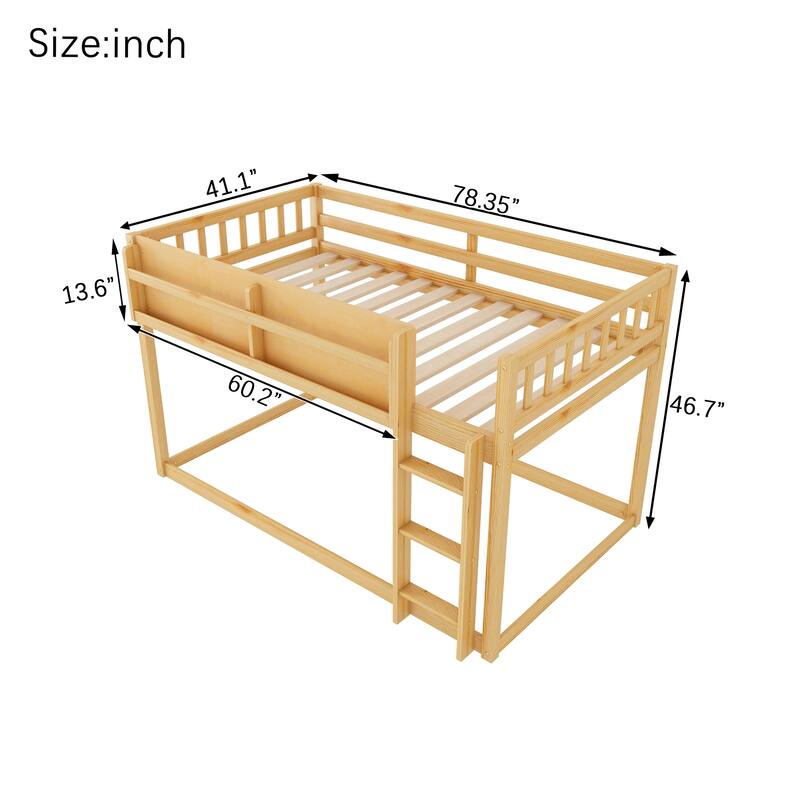 Low Twin Over Twin Bunk Bed, Floor Bunk Bed with Ladder and Storage Shelf, Convertible Design Twin Size Bunk Bed Frame