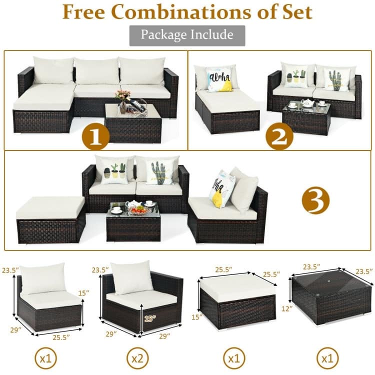 5Pcs Patio Rattan Furniture Set with Coffee Table - 29" x 29" x 23.5" (L x W x H)
