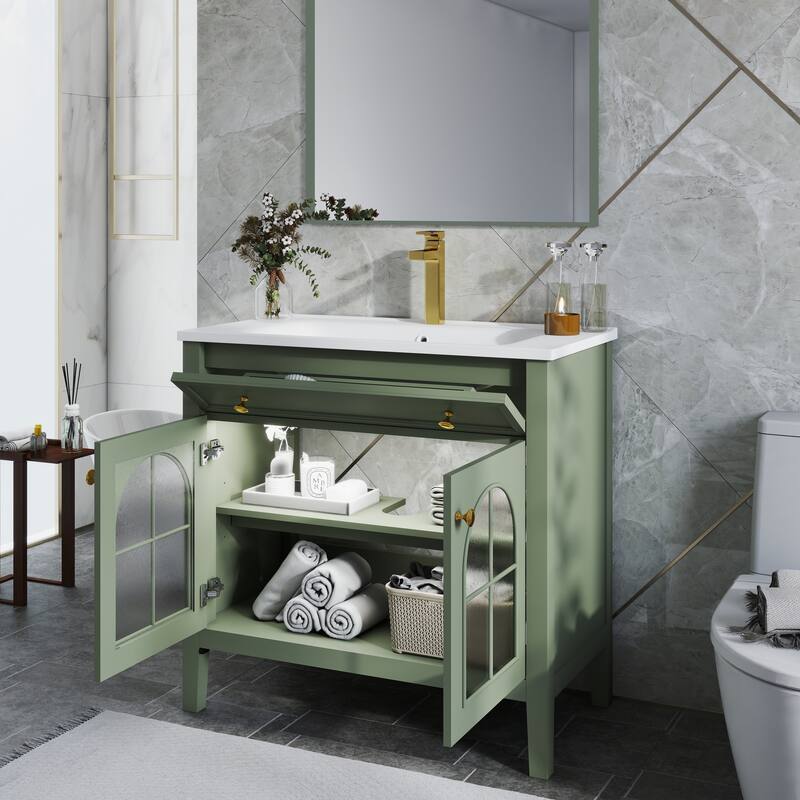 35.6" Mid-Century Bathroom Vanity Sink with Patterned Glass & Motion-sensor Light Strip, Freestanding