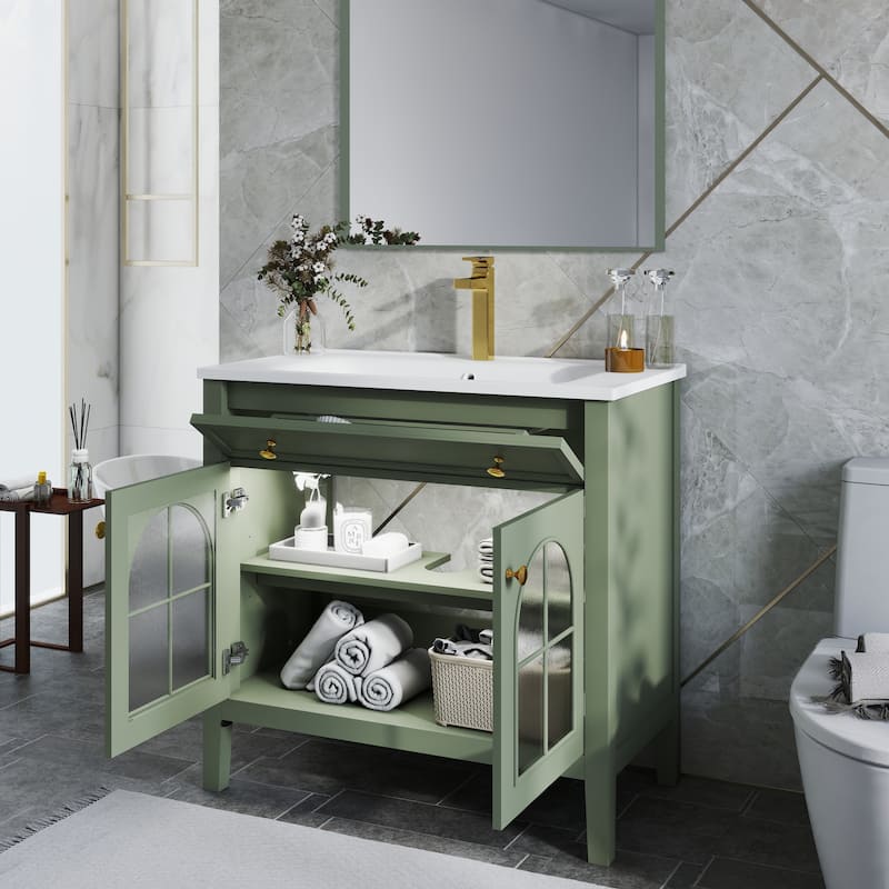 35.6-Inch Mid-Century Bathroom Vanity Sink with Patterned Glass & Motion-Sensor Light, Farmhouse Storage Vanity