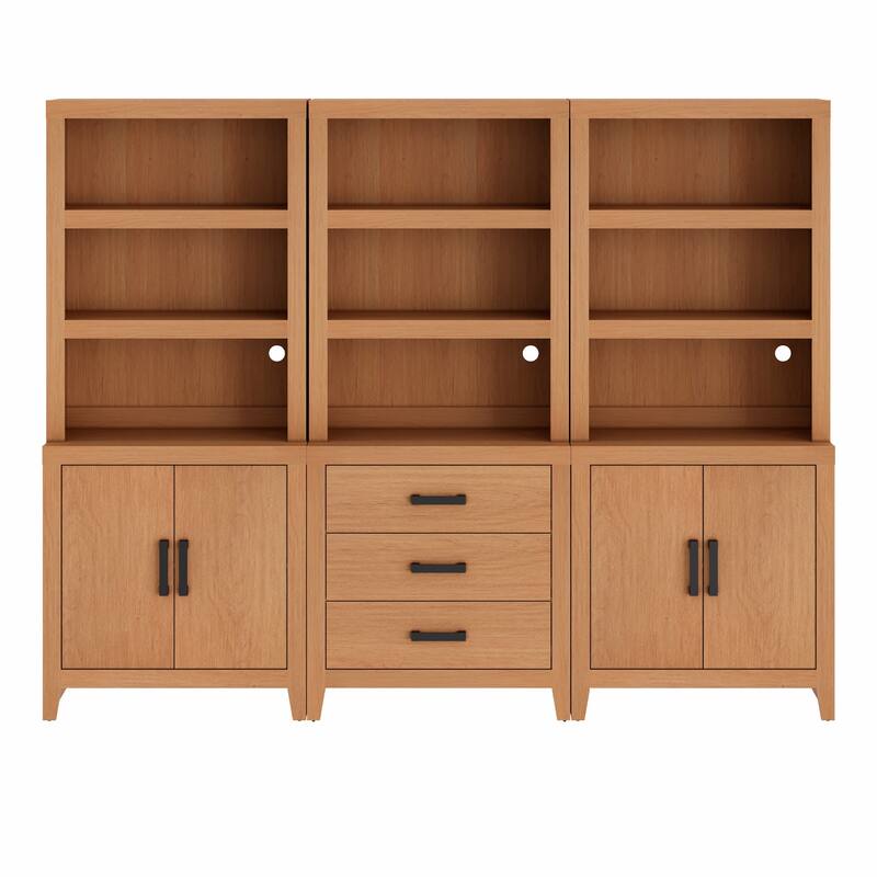WAMPAT 74" 3-Piece Tall Bookshelf, Farmhouse Bookcase with Doors & Drawers for Living Room & Office