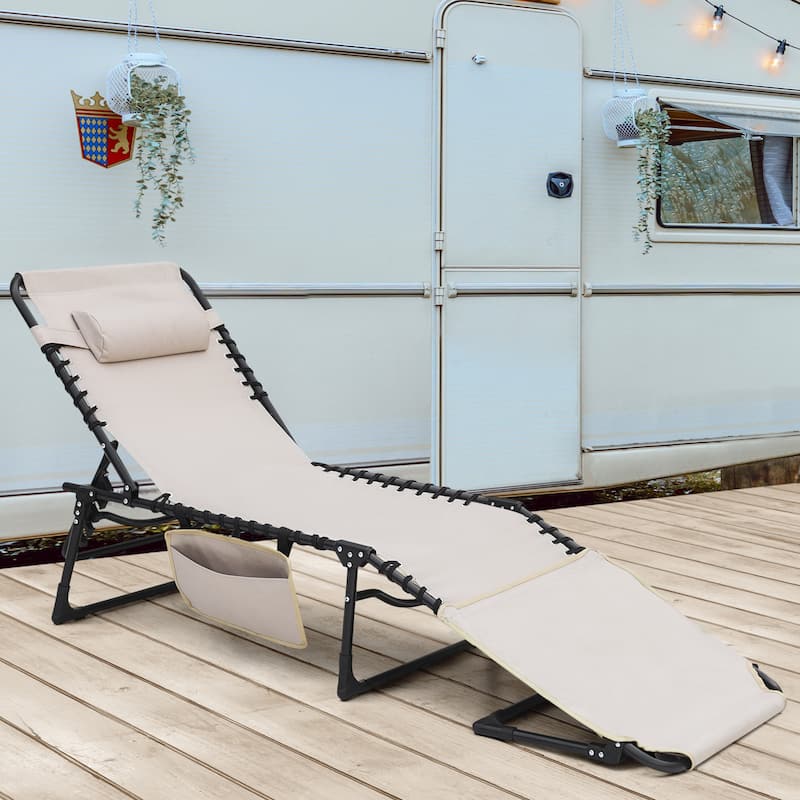 Outdoor Adjustable Lounge Chair Folding Tanning Chair with Pillow - khaki