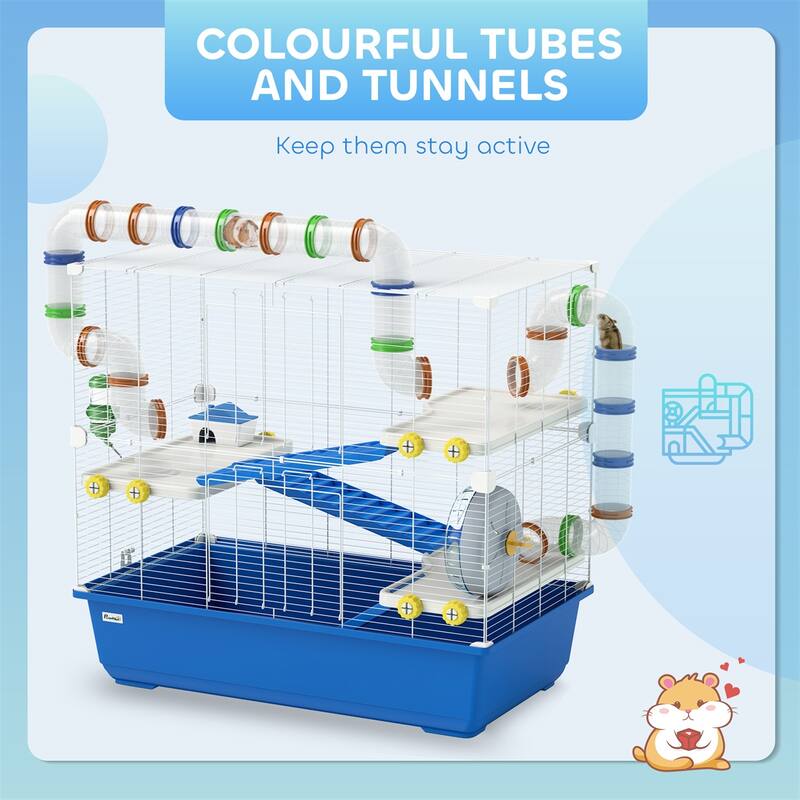 Blue Metal Hamster Cage with Tubes, Wheel, Ramps and Accessories - 30.7" L x 17.7" W x 28.7" H