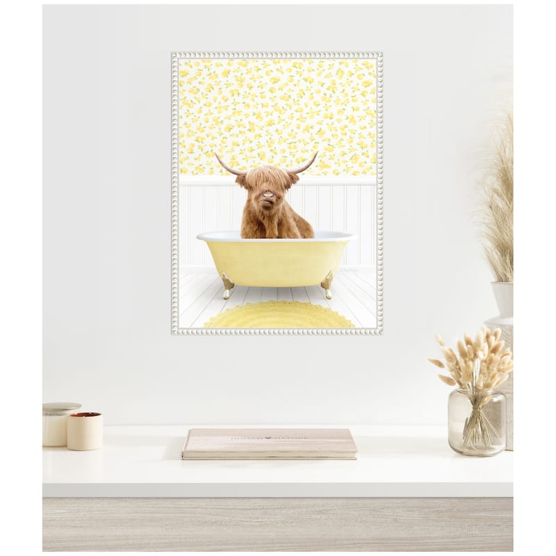 Kate and Laurel Sylvie Highland Cow in Cottage Yellow Bathtub Framed Canvas by Amy Peterson