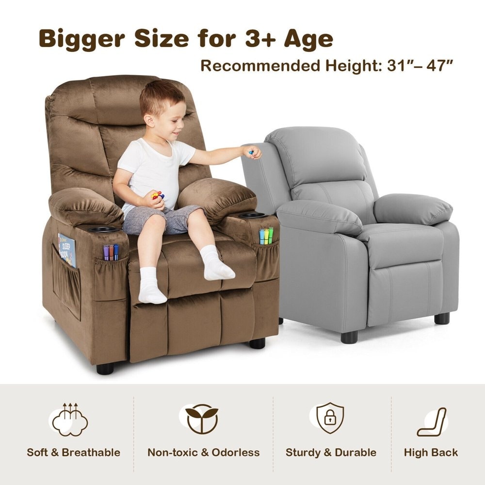 Kids Youth Velvet Fabric Recliner Chair w Cup Holder Side Pocket