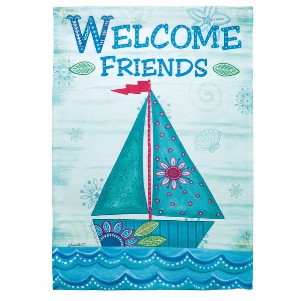 Blue and Green Sailboat "Welcome Friends" Printed Outdoor Garden Flag 18" x 13" - N/A