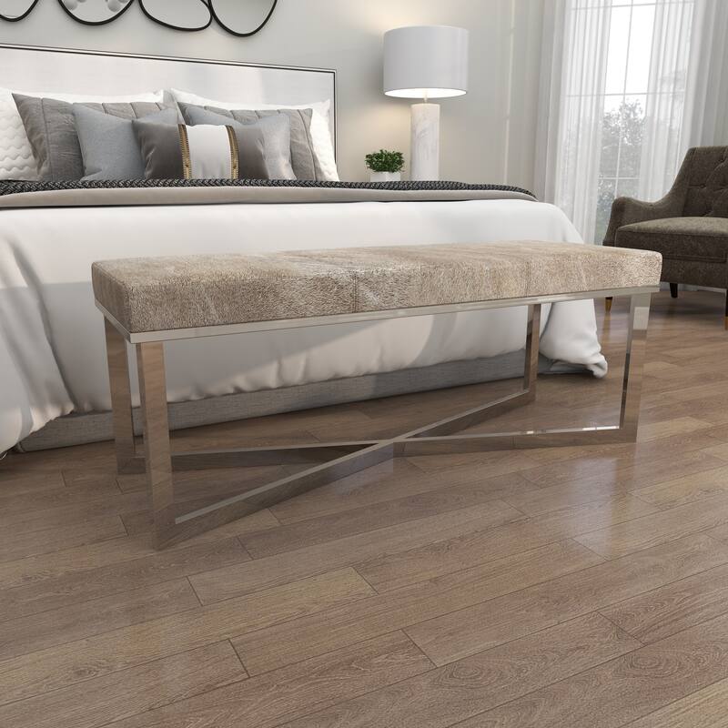 Gray Leather Handmade Cowhide Bench with Silver Metal Base