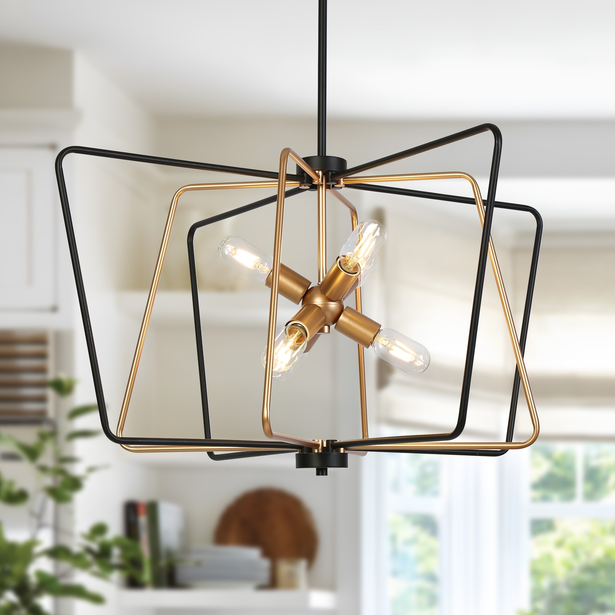 Modern 6-Light Geometric Black Gold Chandelier Large Pendant for Foyer Dining Room - 31.4" × 17.3"