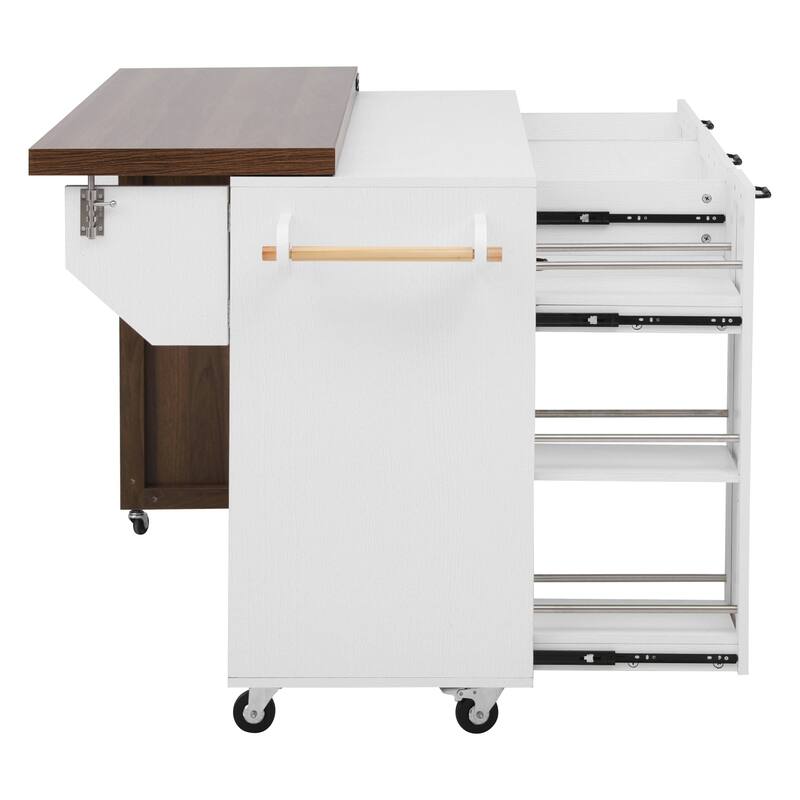 Mobile Kitchen Cart with Pull Out Dining Table Storage Drawers and Spice Rack