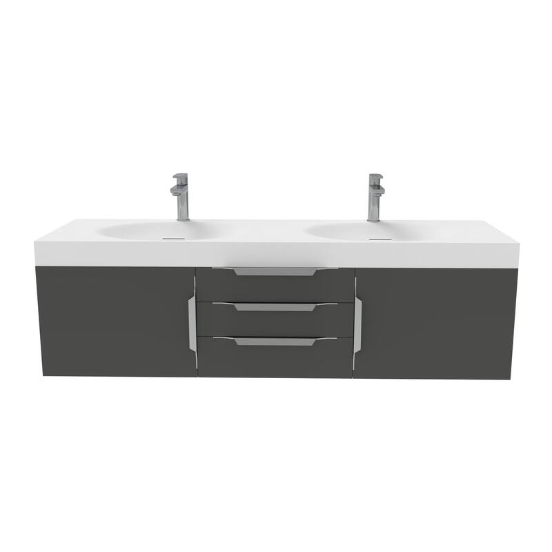 Thames 60" Shallow Basin Wall Mounted Bathroom Vanity Set w/ White Top - Black - Brushed Nickel Finish