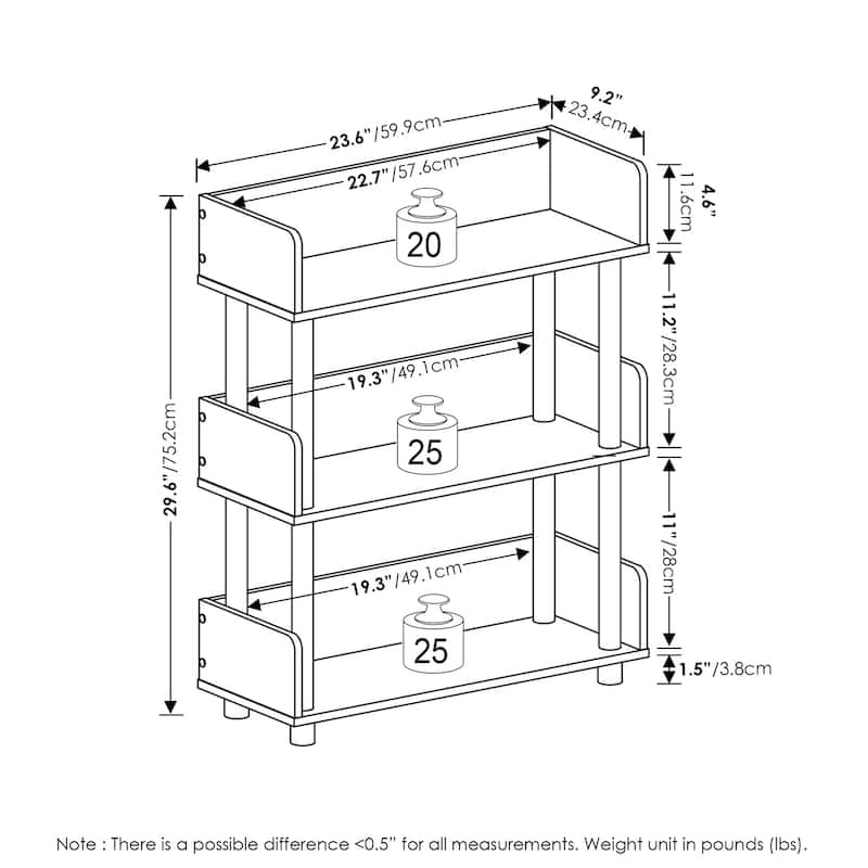 3 Tiers Wood Household Shelving Unit in Pine/Black (23.62 in. W x 29.61 in. H x 9.21 in. D) - 23.62