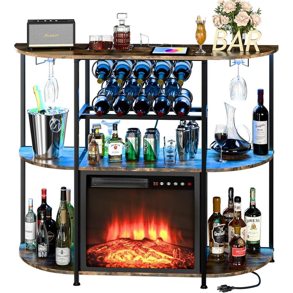 BOSSIN Wine Rack with Power Outlet and LED Lights, Home Bar Table Cabinet for Liquor with Fireplace,4-Tier Storage Glass Holder