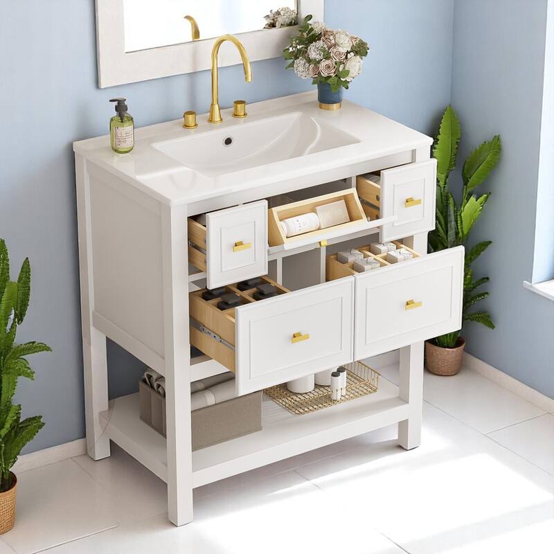 30 Inch Freestanding Bathroom Vanity with Ceramic Top, 5 Storage Drawers, MDF Cabinet and Gold Hardware