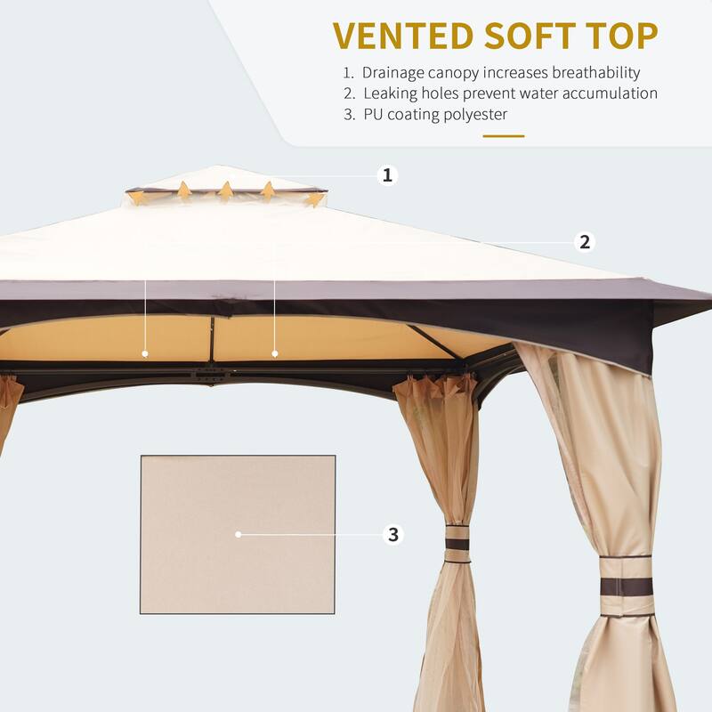 10' x 12' Outdoor Gazebo with Netting and Curtains, Patio Gazebo Canopy with 2-Tier Soft Top Roof and Steel Frame