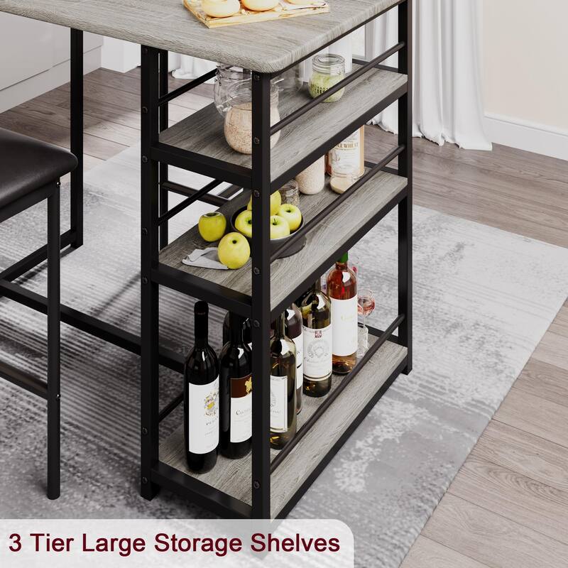 Dining Table Set for 2, Kitchen Table and Chairs for 2 with Chairs, 3 Piece Counter Height Bar Kitchen Table Set with Shelves