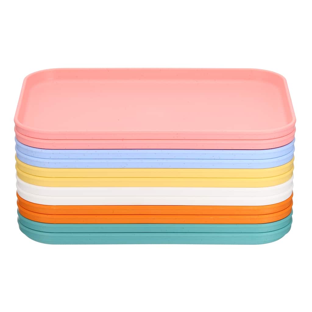 Fast Food Serving Tray, 12 Pack Bulk Plastic Reusable Kitchen Cafeteria Trays for Eating, Colorful