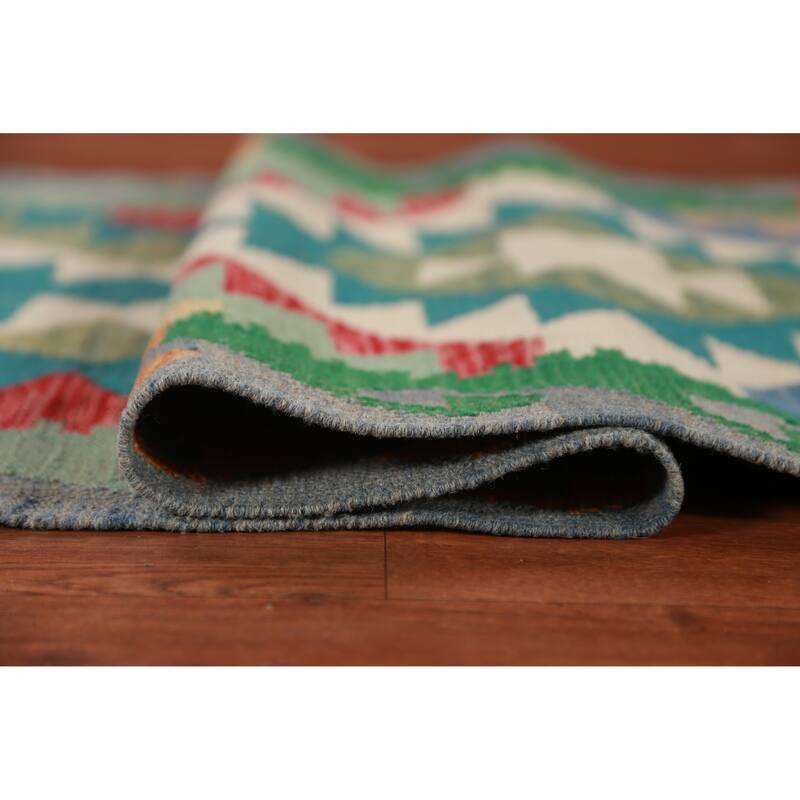 Hand Woven Oriental 100% Wool Carpet Southwestern Geometric Green Kilim Runner Rug - 13' 1'' X 2' 7''