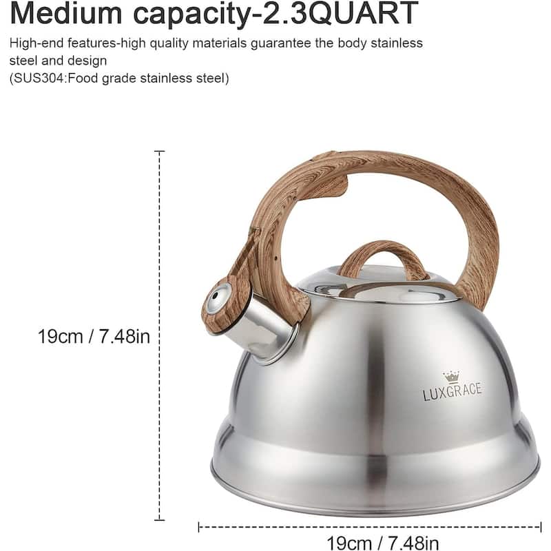 Creative Home 2.3 Qt. Stainless Steel Whistling Tea Kettle Teapot with Ergonomic Wood Rubber Touching Handle, Satin Finish
