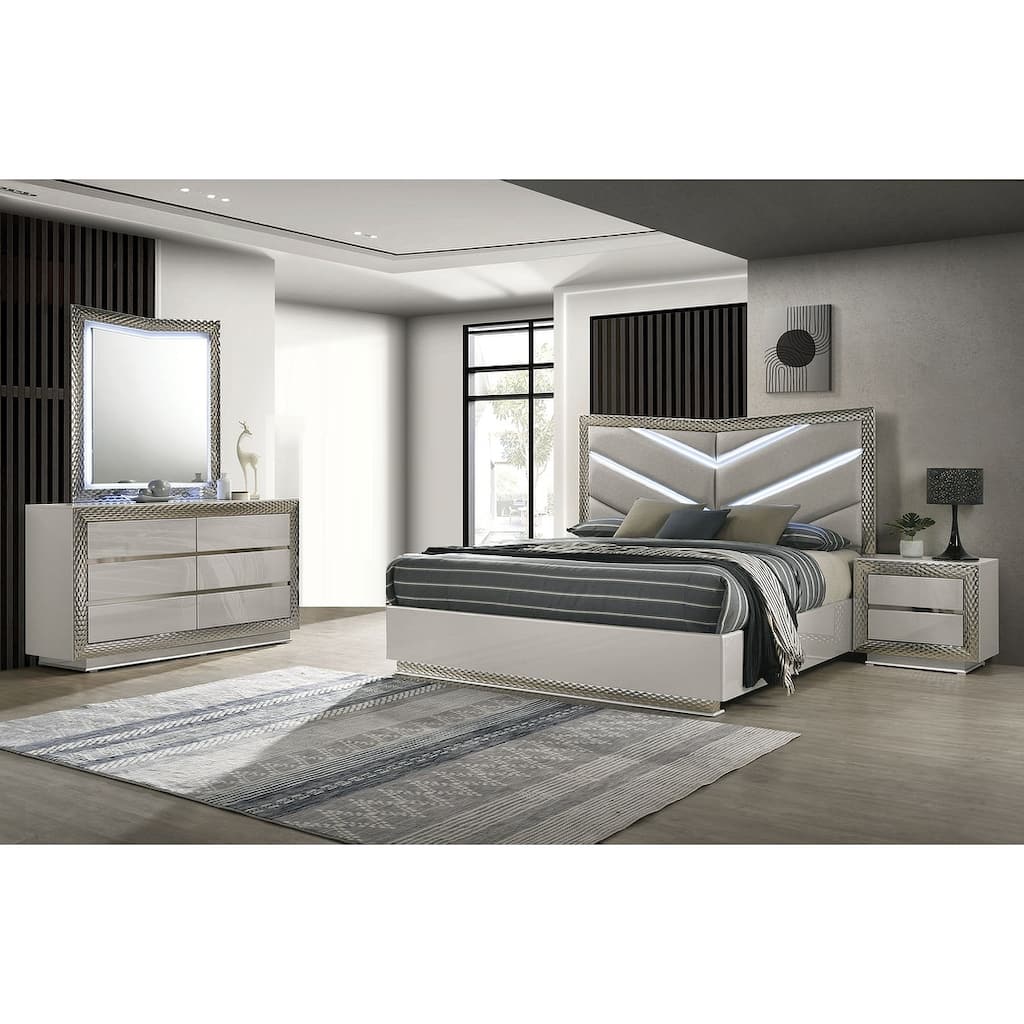 Gray Finish Royal 4pc Bedroom Furniture Set LED Bed Dresser Mirror Nightstand