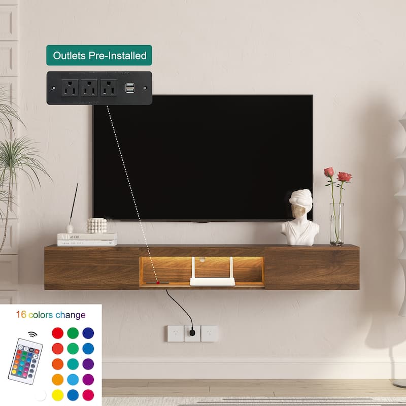 63" Modern Floating TV Stand Wall Mounted with 16 Color LEDs, Floating TV Cabinet Entertainment Center for 55 60 65 Inch TV
