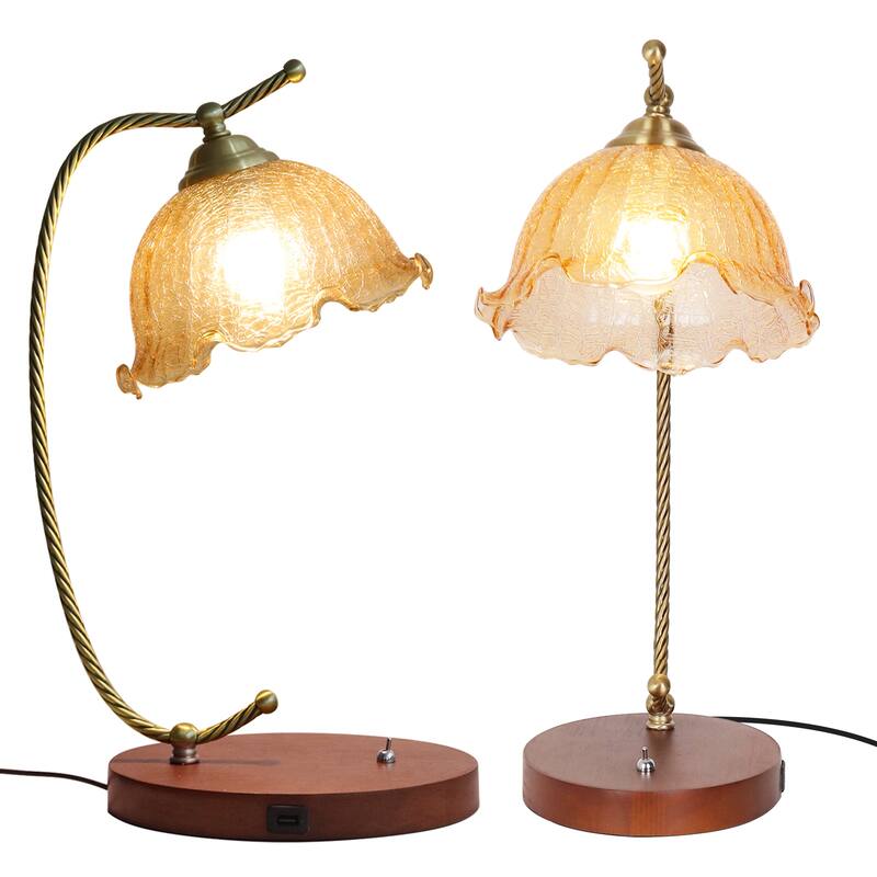 Antique Nightstand Table Lamp Flower Lampshade USB Charging Port