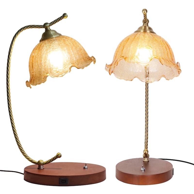 Vintage Flower Glass Table Lamp with Wooden Base USB Charging Port - 6.6x20.2 inch
