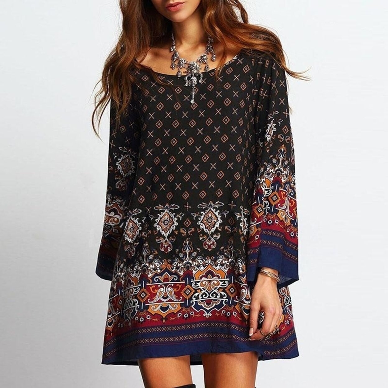 Shop Boho Style Loose Beach Dress 2018 Spring Vintage Print Mini