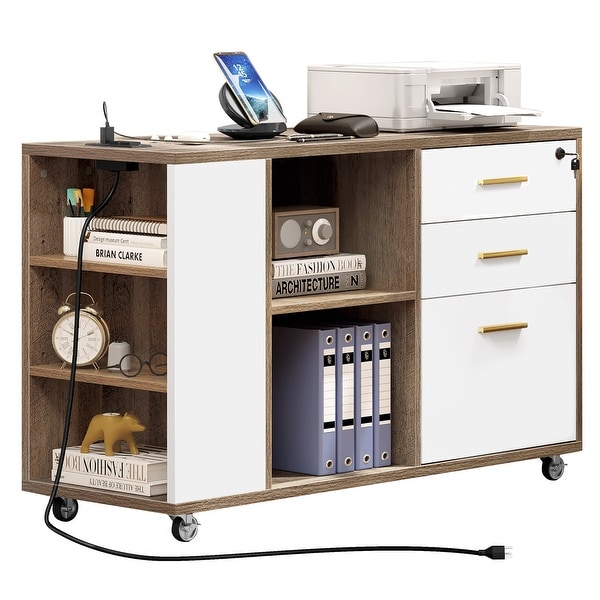 Edbuosy Large File Cabinet, Mobile Lateral Filing Cabinet With Charging Station For Home Office, Wood Printer Stand With Storage Drawers, Fits Letter/Legal/A4 Size File, Rustic Brown And Black