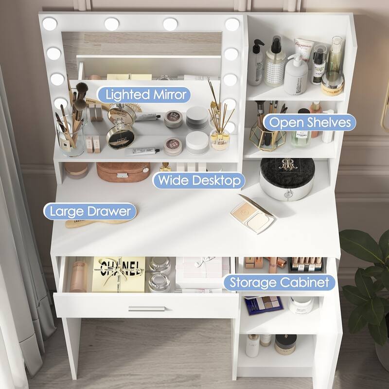 Makeup Vanity Table with Mirror Lights, Adjustable Brightness, Shelves and Drawer, 35.4" Dressing Table