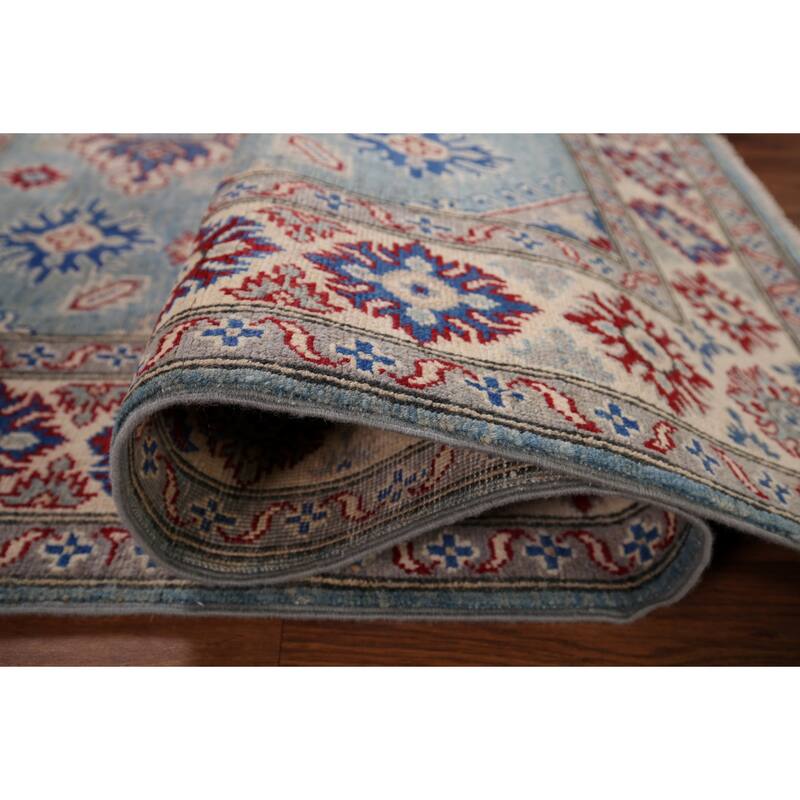 Light Blue Traditional / Geometric Kazak Rug Hand-Knotted Wool Carpet - 5'0" x 6'7"
