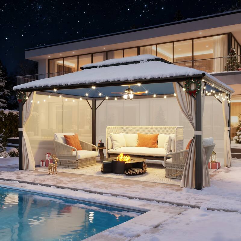 Outdoor Hardtop Gazebo for patio,Polyester Double Roof Canopy, Permanent Pavilion with Aluminum Frame,Curtains & Netting
