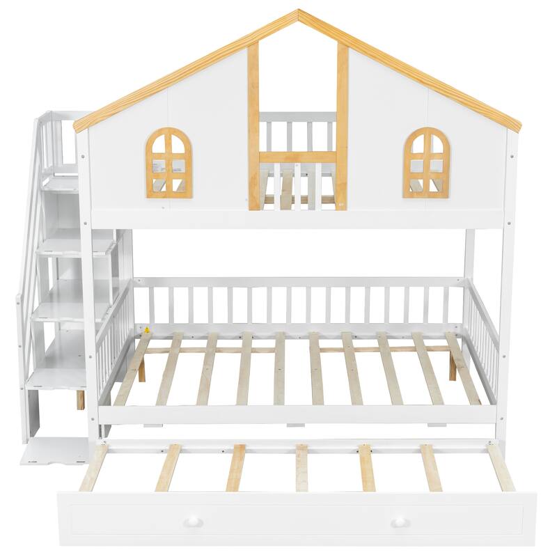Fairytale Bunk Bed with Window Door House-shaped Roof Frame and Storage Staircase, Optional with Storage Drawers or Trundle Bed