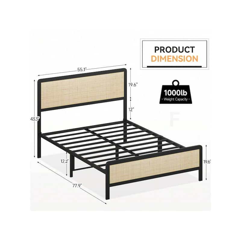 Boho Platform Bed Frame with Rattan Headboard, Heavy-Duty Metal Slat Support