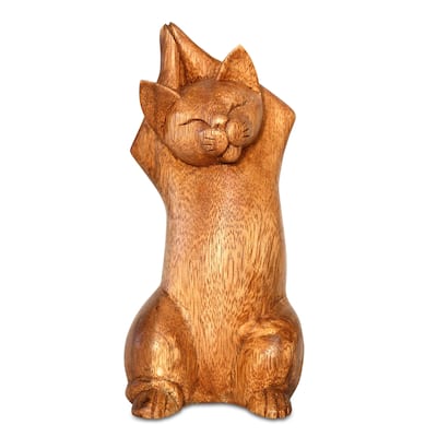 8" Wooden Handmade Hand Carved Yoga Upward Salute Pose Cat Sculpture Statue Home Decor - 8" tall x 4" wide x 3" deep