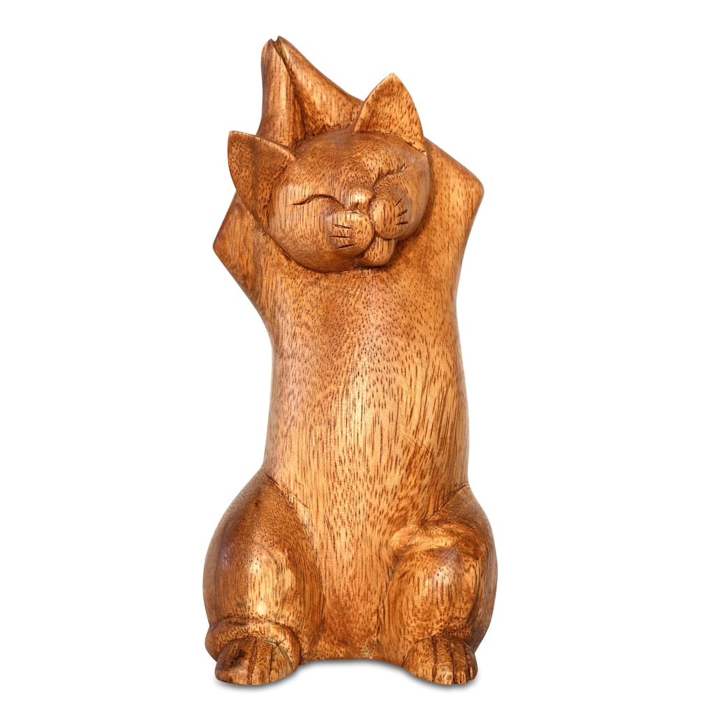 8" Wooden Handmade Hand Carved Yoga Upward Salute Pose Cat Sculpture Statue Home Decor - 8" tall x 4" wide x 3" deep