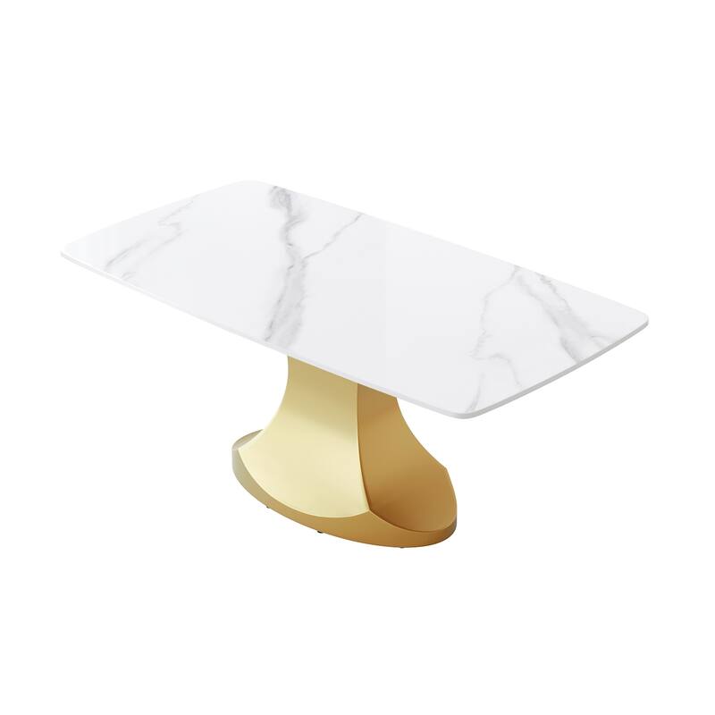 Dining Table for 6~8 Person, Faux Marble Kitchen Dining Table with Gold Pedestal.