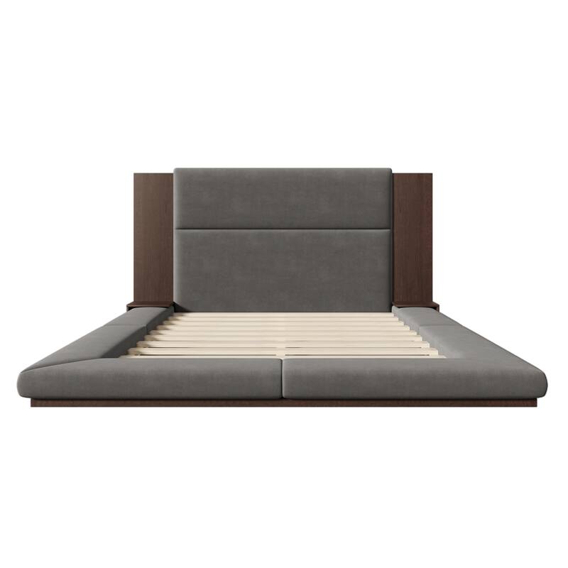 Floor Upholstered Platform Bed with Extended Wood Headboard & Bedside Shelf