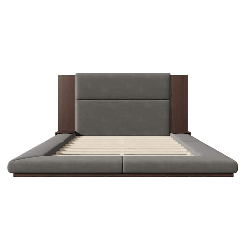 Velvet Upholstered Low Profile Bed Frame Gray Floor Platform Bed with Extended Wood Headboard & Bedside Shelf, Wood Slat Support