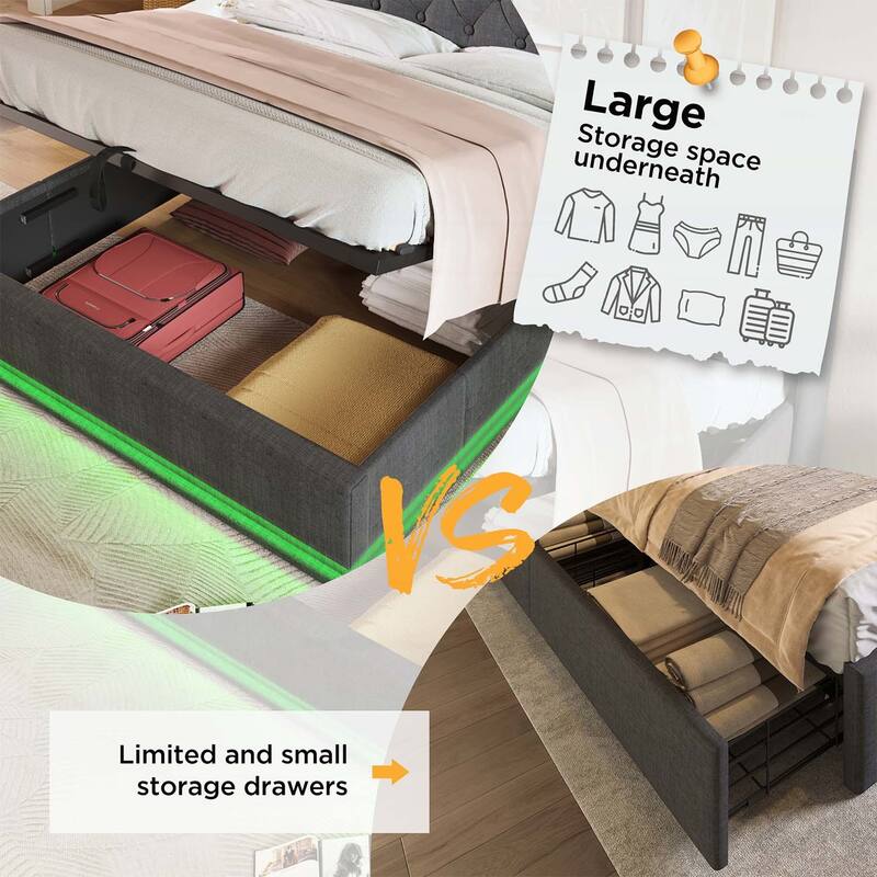 Classic Upholstered Bed with 360 LED Lighting,Hydraulic Storage,and USB Charging