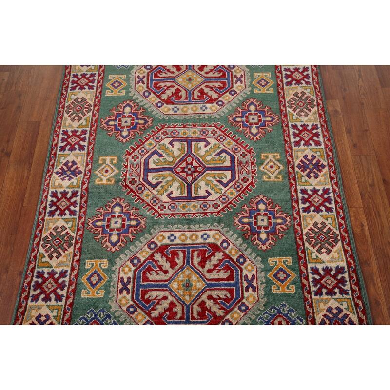 Traditional Green Kazak Accent Rug Hand-Knotted Wool Carpet - 3'5" x 4'11"