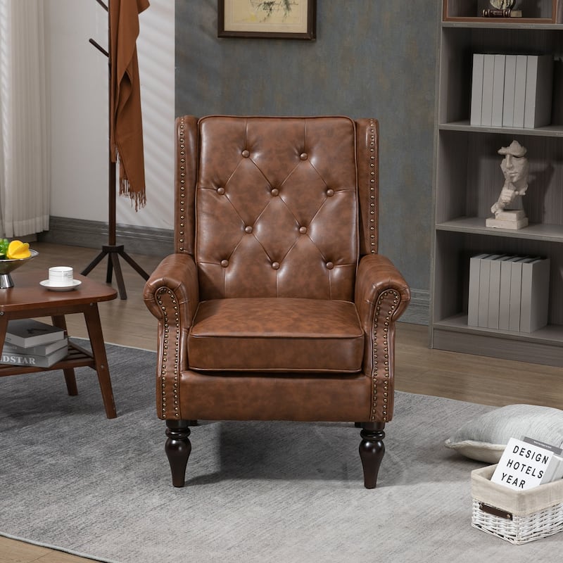 Brown PU 29.33" High Back Upholstered Arm Chair with Nailheads