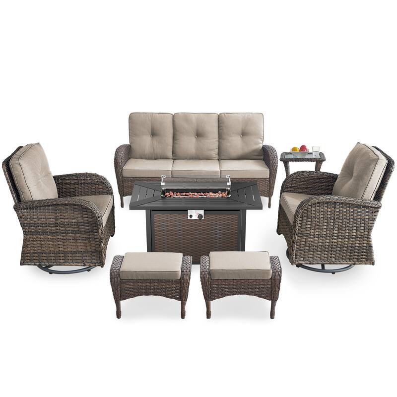 PlainCurve 7-Piece Brown Wicker Patio Fire Pit Sofa Seating Set with Olefin Cushions