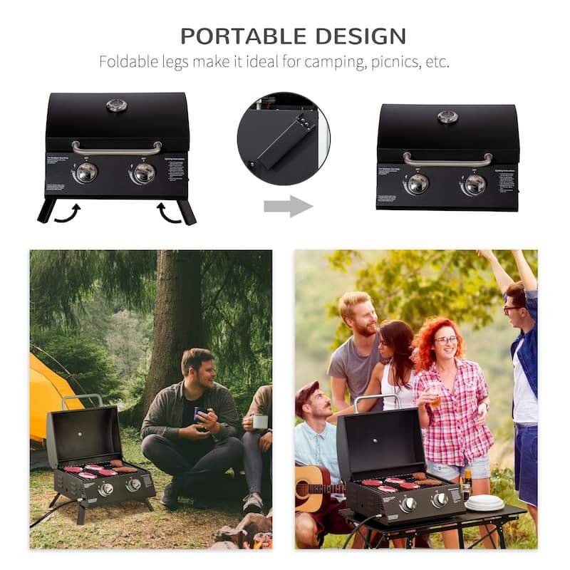 2 Burner Propane Gas Grill Outdoor Portable Tabletop BBQ with Foldable Legs,