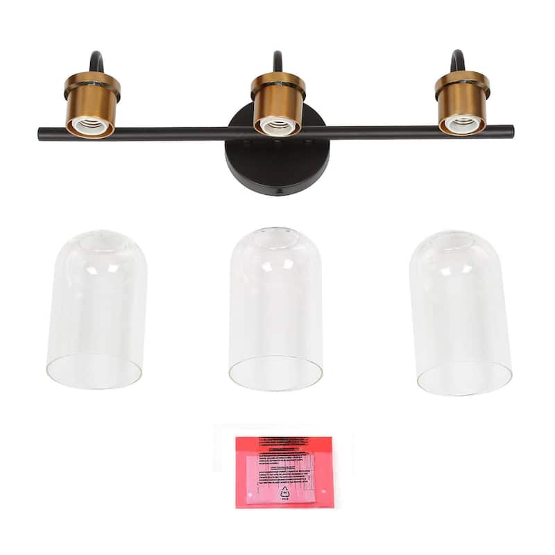Modern Industrial 3-Light Black Brass Wall Light Clear Glass Vanity Light Fixture for Bathroom