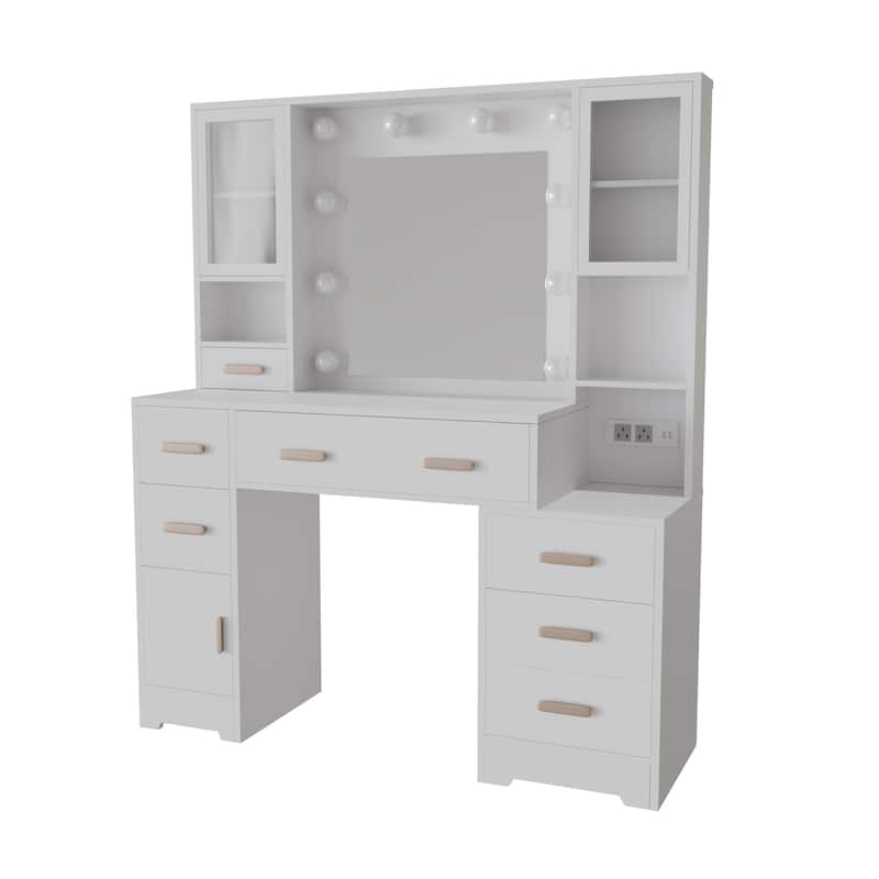 XINMICS Makeup Vanity Dressing Table, Vanity Desk with Mirror and Lights and Charging Station with 7 Drawers & 3 Cabinets