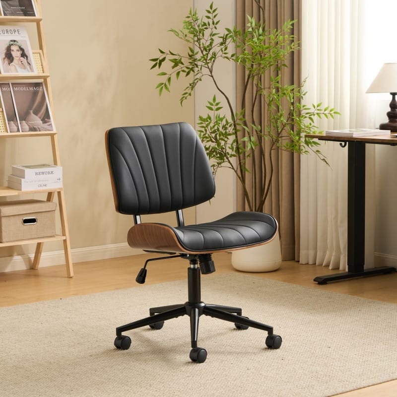 PU Trapezoid Curved Back Swivel Office Chair - Black