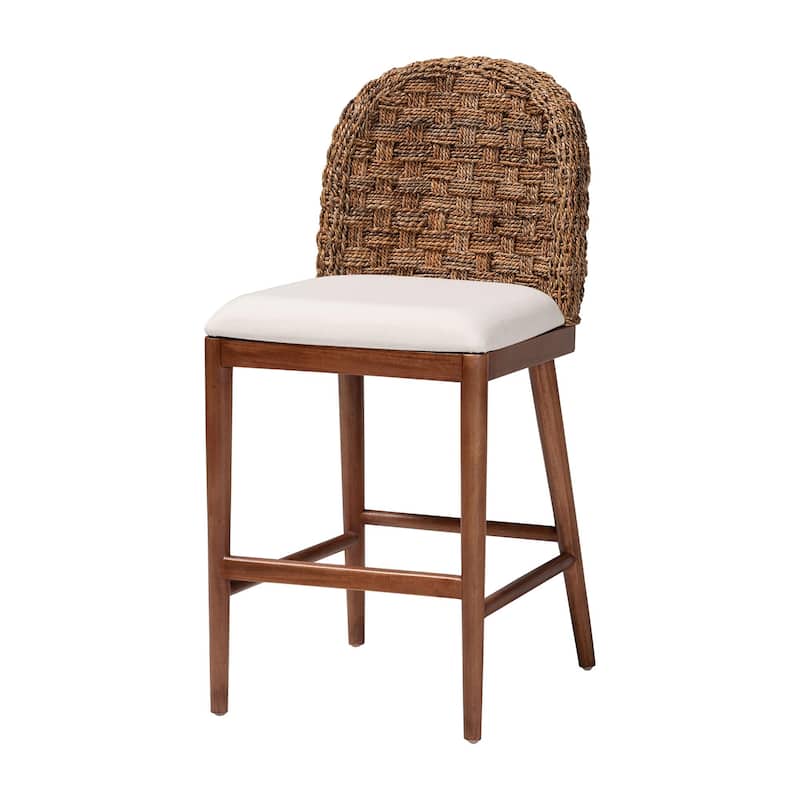 bali & pari Denver Modern Bohemian Walnut Brown Finished Acacia Wood and Seagrass Counter Stool - White, Walnut Brown