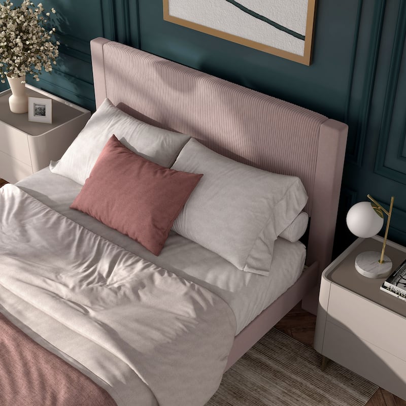 Furniture of America Alyssa Modern Velvet Upholstered Platform Bed with Channel Headboard and Wooden Slats