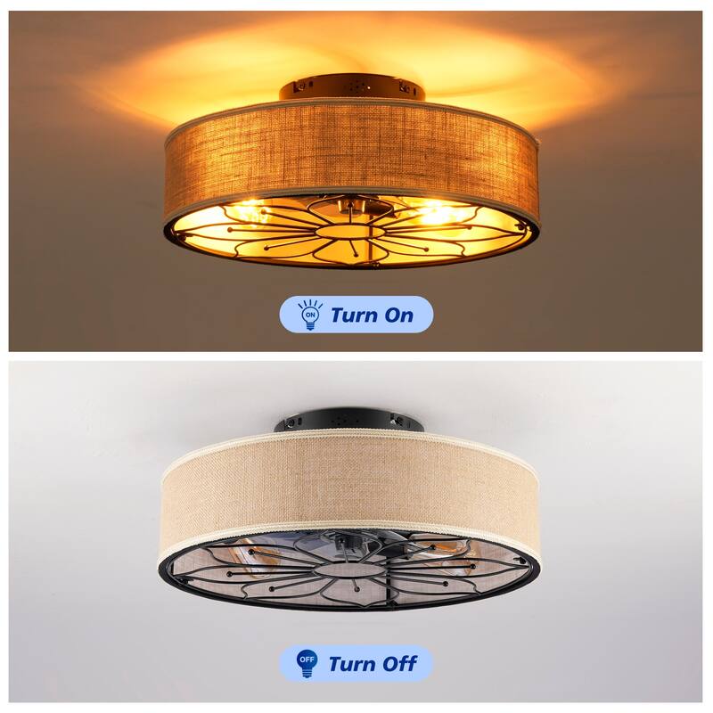 20" Lotus Design Fabric Farmhouse Bladeless Ceiling fan With Remote Control For Living room, Bedroom,Kitchen